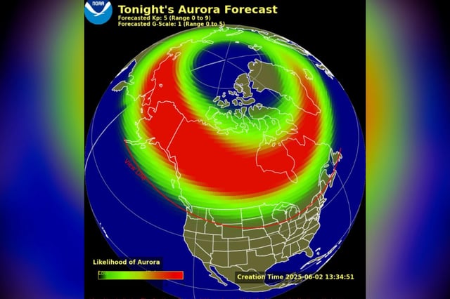 A map showing an aurora viewline for the night of June 2.