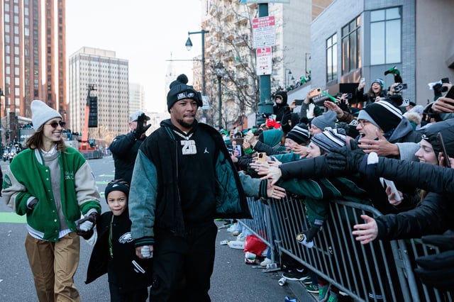 Feb 14, 2025; Philadelphia, PA, USA; Philadelphia Eagles running back Saquon Barkley (26) celebrates during the Super Bowl LIX championship parade and rally. Mandatory Credit: Caean Couto-Imagn Images/File Photo