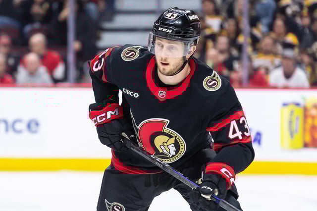 Mar 13, 2025; Ottawa, Ontario, CAN; Ottawa Senators defenseman Tyler Kleven (43) gets in position for a faceoff in the second period against the Boston Bruins at the Canadian Tire Centre. Mandatory Credit: Marc DesRosiers-Imagn Images/File Photo