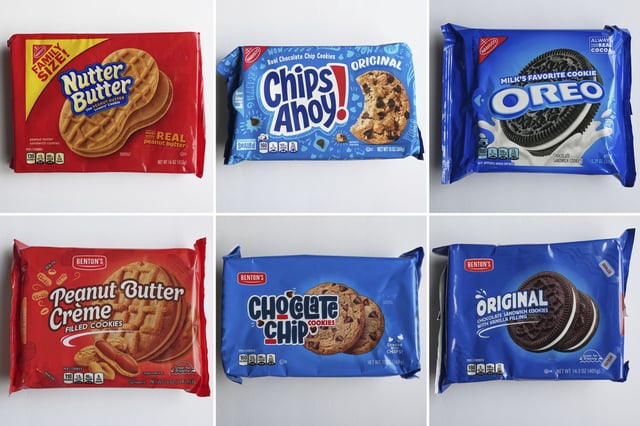 This combo of images shows, top row from left, Mondelez's products Nutter Butter, Chips Ahoy! and Oreo cookies; bottom row from left, shows Aldi’s products, Peanut Butter Creme, Chocolate Chip Cookies and Original Chocolate Sandwich Cookies with Vanilla.