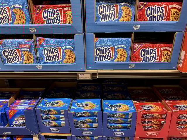 Packages of Chips Ahoy Cookies are displayed next to Aldi Supermarket's Benton's brand cookies on May 30, 2025 in Burbank, California. Snack food maker Mondelez International is suing German supermarket chain Aldi for allegedly copying the packaging of its cookie and cracker brands. The federal lawsuit filed earlier this week in Illinois is seeking monetary damages and a court order to stop Aldi from selling products that infringe on its trademarks.