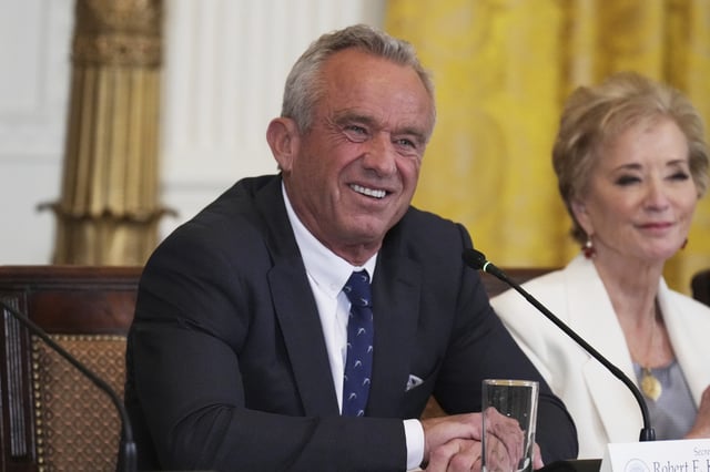 Health and Human Services Secretary Robert F. Kennedy Jr., left, and Education Secretary Linda McMahon attend a Make America Healthy Again (MAHA) Commission Event in the East Room of the White House, Thursday, May 22, 2025, in Washington.