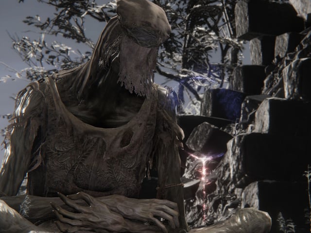 Elden Ring Nightreign Remembrance quests: A skeleton crumpled over in a broken wall of the Roundtable Hold.