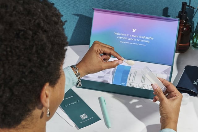 This photo provided by Teal Health in May 2025 shows the company’s Teal Wand self-collection kit for at-home cervical cancer screening. 