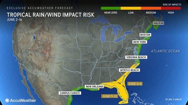 A map from AccuWeather shows when impacts from two potential tropical storms could hit the US.
