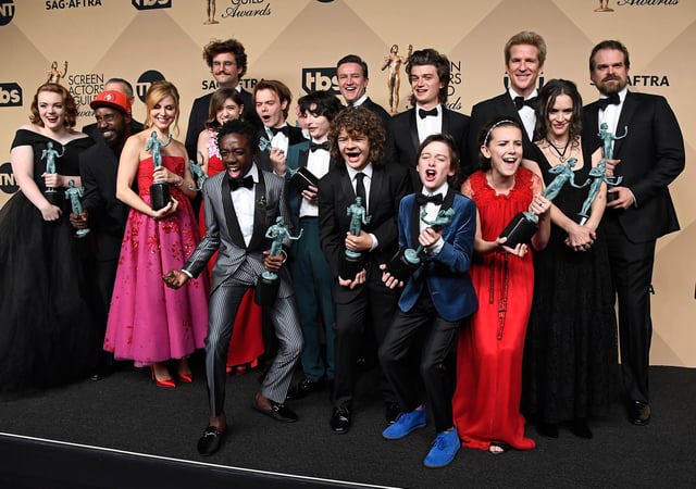 &#39;Stranger Things,&#39; cast members, recipients of the Outstanding Performance by an Ensemble in a Drama Series award, pose in the press room during The 23rd Annual Screen Actors Guild Awards at The Shrine Auditorium on January 29, 2017 in Los Angeles, California.