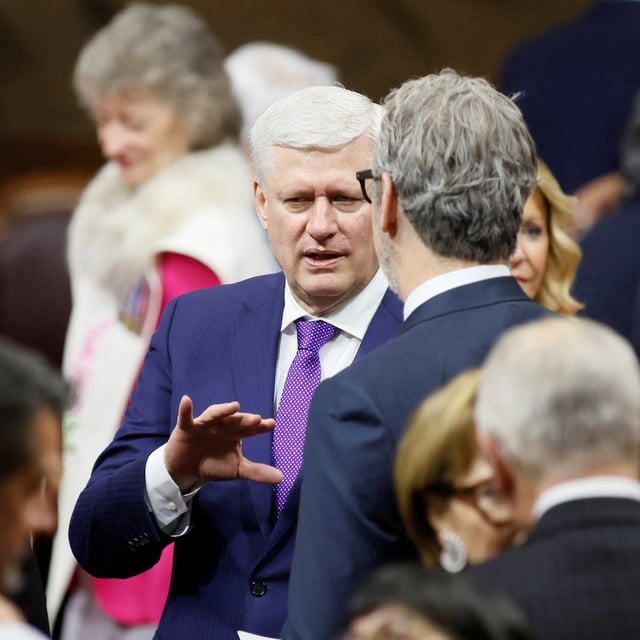 Former prime minister Stephen Harper speaks ahead of the King delivering speech from the throne in the Senate in Ottawa on Tuesday, May 27, 2025. THE CANADIAN PRESS/Blair Gable-Pool