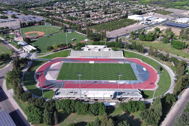 An aerial view of the track and football field at Veterans Memorial Stadium at Buchanan High School on May 26, 2025, in Clovis, Calif.