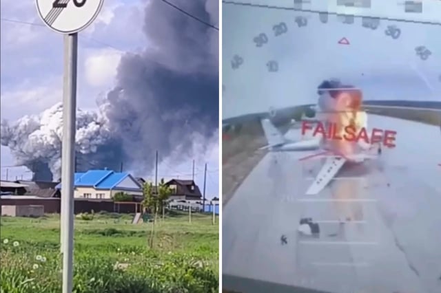 Video on Telegram and from SBU handout show the damage to planes and airfields at undisclosed locations across Russia after Ukraine launched a surprise drone attack at four bases that destroyed 41 planes.