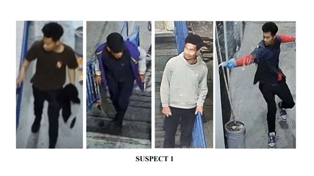 The Los Angeles Police Department on Monday, June 2, 2025, released these surveillance images of the first of three suspects in a series of hate crime attacks on a transgender woman in the Westlake District of Los Angeles. (Images courtesy of LAPD)