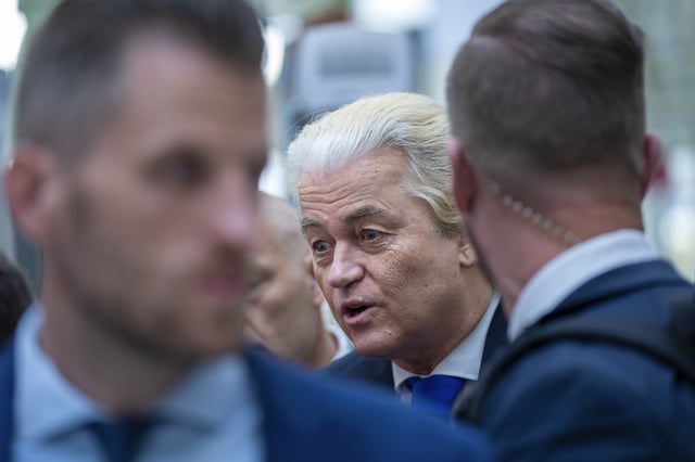 FILE - Anti-Islam lawmaker Geert Wilders of the PVV, or Party for Freedom, is interviewed after casting his ballot for the European election in The Hague, Netherlands, Thursday June 6, 2024. (AP Photo/Peter Dejong, File)