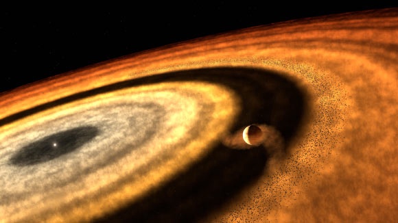 This artistic impression depicts the stage at which WASP-121b accumulated most of its gas, as inferred from the latest results. Image credit: T. Müller, MPIA & HdA.