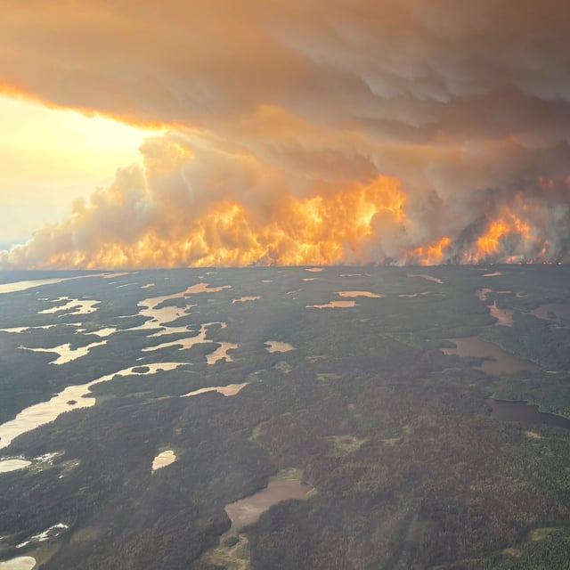 This photo provided by the Manitoba government shows wildfires in Flin Flon, Manitoba, Canada on Tuesday, May 27, 2025. (Manitoba government via AP)