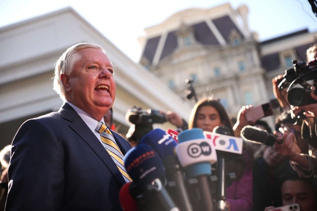 Sen. Lindsey Graham speaks to reporters outside of the White House on February 28, 2025, in Washington, D.C.