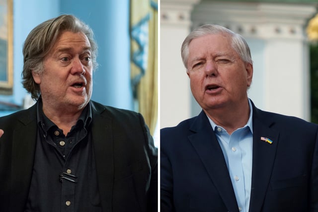 Steve Bannon, President Donald Trump&#39;s former chief strategist, Sunday, Aug. 19, 2018, in Washington. Sen. Lindsey Graham, R-S.C., during a press conference in Kyiv, Ukraine, on Friday, May 30, 2025.