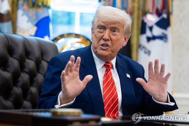 This photo, released by UPI, shows U.S. President Donald Trump addressing a press conference in the Oval Office at the White House in Washington on May 30, 2025. (Yonhap)