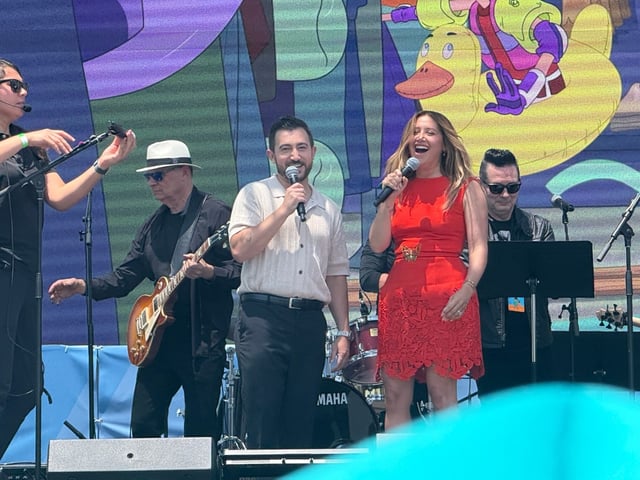 Vincent Martella and Ashley Tisdale, who voice Phineas and Candace Flynn, at the season five premiere of “Phineas and Ferb” in Hollywood, California on May 31, 2025. (Carolyn Burt, SCNG)