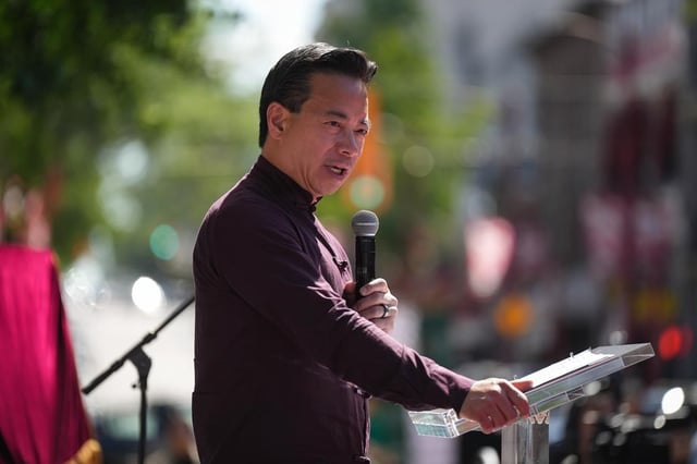 Vancouver Mayor Ken Sim speaks in Vancouver, on Friday, June 30, 2023. 