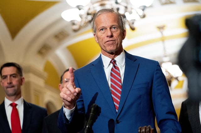 U.S. Senate Majority Leader John Thune (R-SD) holds his weekly press conference following the Republican caucus policy luncheon at Capitol in Washington, D.C., U.S., May 13, 2025.REUTERS/Nathan Howard/File Photo