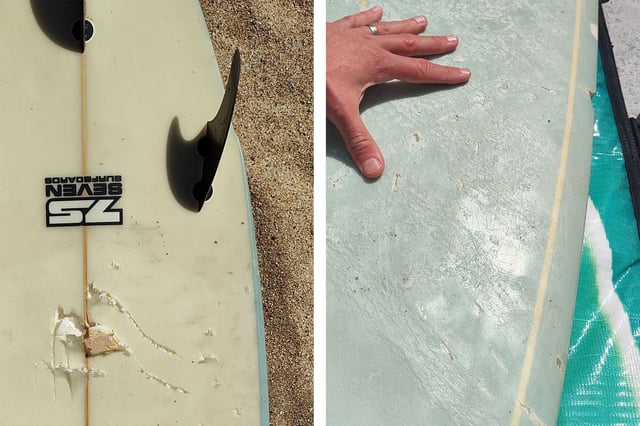 A shark not only bit into Jens Heller’s surfboard, but marked it quite a bit on Saturday afternoon at Montara State Beach, Calif. 