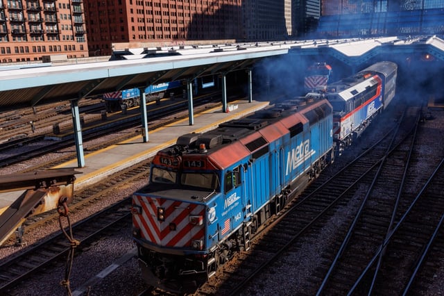 A Metra train leaves the Ogilvie Transportation Center March 20, 2025, in Chicago. (Armando L. Sanchez/Chicago Tribune)