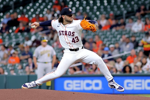 May 28, 2025; Houston, Texas, USA; Houston Astros starting pitcher Lance McCullers Jr. (43) delivers a pitch against the Athletics during the first inning at Daikin Park. Mandatory Credit: Erik Williams-Imagn Images