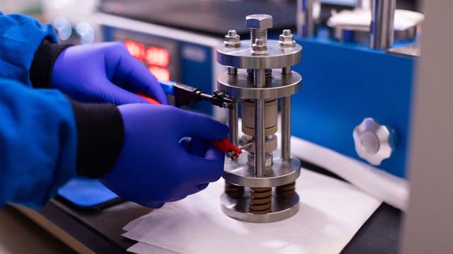 Materials science and engineering doctoral student Jiaqi Ke conducts electrochemical testing using a three-electrode cell setup to evaluate the stability of a newly developed electrolyte.