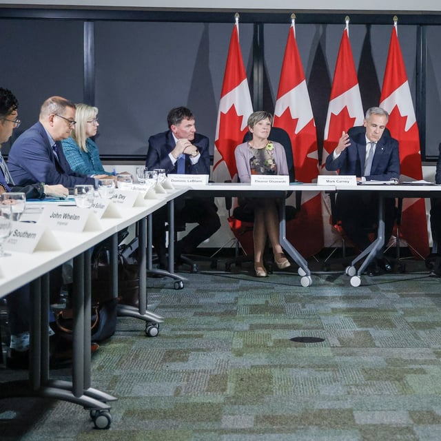 Prime Minister Mark Carney, centre right, attends a meeting with representatives of Canada’s energy sector in Calgary, Alta., Sunday, June 1, 2025.THE CANADIAN PRESS/Jeff McIntosh