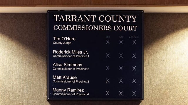 The voting board at the Tarrant County Commissioners Court at the Tarrant County Administration Building in Fort Worth on Tuesday, May 6, 2025.