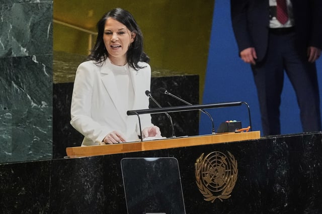 Annalena Baerbock of Germany addresses the United Nations General Assembly after she was elected as president of the 80th session of the body, Monday, June 2, 2025. (AP Photo/Richard Drew)