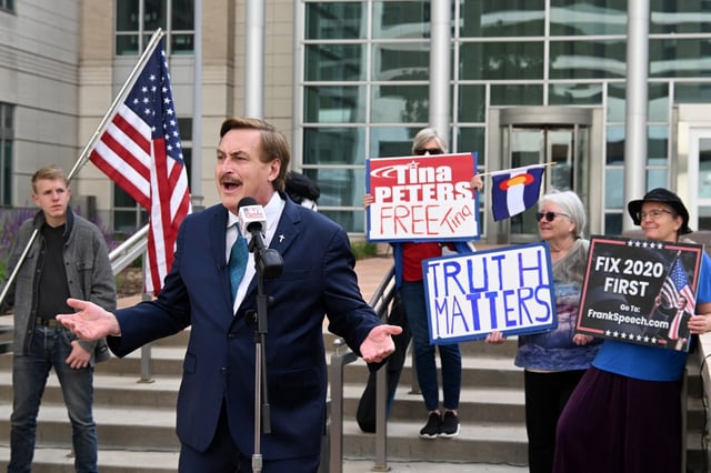 MyPillow CEO Mike Lindell holds a press conference outside the Alfred A. Arraj United States Courthouse in Denver on June 2, 2025. A jury trial began Monday in U.S. District Court in a defamation case against Lindell brought by former Dominion Voting Systems executive Eric Coomer over claims Lindell made about fraud in the 2020 presidential election. (Photo by Helen H. Richardson/The Denver Post)
