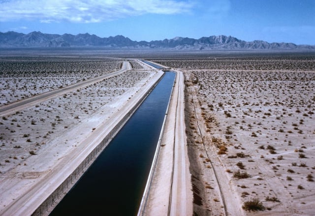 Some 75% of Southern California’s water supply comes from the Colorado Aqueduct, built in the 1930s to transport water from the Colorado River to the region. This photo shows water flowing through the Southern California desert in an aqueduct supply channel. (MWD of Southern California via AP)