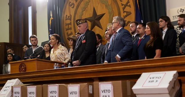 Displaying boxes of petitions, members of the Texas Hemp Business Council hold a press conference calling for Gov. Greg Abbott to veto SB 3, a bill which would ban THC products, at the Texas Capitol on June 2, 2025.