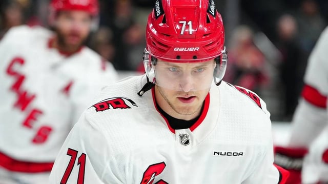Feb 17, 2024; Las Vegas, Nevada, USA; Carolina Hurricanes right wing Jesper Fast (71) warms up before a game against the Vegas Golden Knights at T-Mobile Arena. Mandatory Credit: Stephen R. Sylvanie-Imagn Images