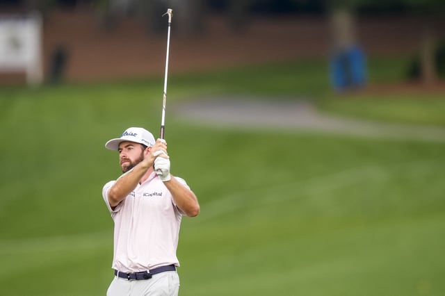 May 16, 2025; Charlotte, North Carolina, USA: Cameron Young watchs his approach shot to the fifth hole during the second round of the PGA Championship golf tournament at Quail Hollow. Mandatory Credit: Jim Dedmon-Imagn Images/File Photo