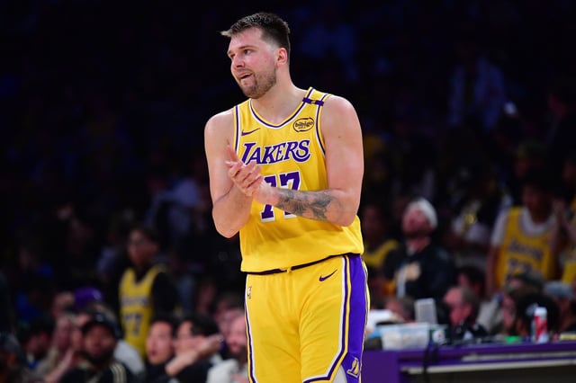 Apr 30, 2025; Los Angeles, California, USA; Los Angeles Lakers guard Luka Doncic (77) reacts during the second half in game five of first round for the 2025 NBA Playoffs at Crypto.com Arena. Mandatory Credit: Gary A. Vasquez-Imagn Images/File Photo