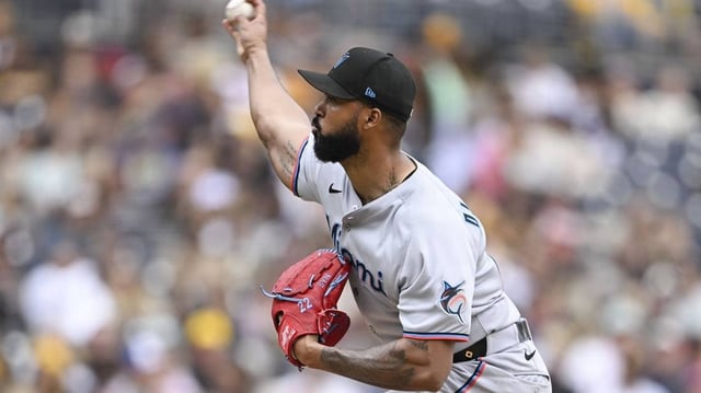 May 28, 2025; San Diego, California, USA; Miami Marlins starting pitcher Sandy Alcantara (22) delivers during the first inning against the San Diego Padres at Petco Park. Mandatory Credit: Denis Poroy-Imagn Images
