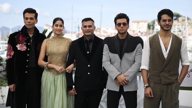 Director Neeraj Ghaywan and cast members Ishaan Khatter, Vishal Jethwa, Janhvi Kapoor and producer Karan Johar pose at the 78th Cannes Film Festival in Cannes. REUTERS/Sarah Meyssonnier