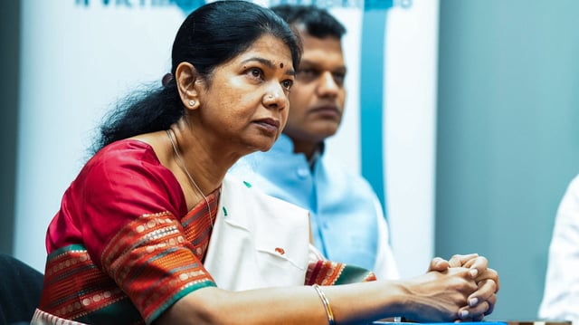 DMK MP Kanimozhi, who is leading an all-party delegation, in Madrid, Spain, on Monday. 