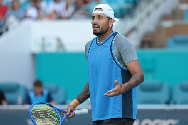 Mar 19, 2025; Miami, FL, USA; Nick Kyrgios (AUS) reacts towards his player's box after losing a point against Mackenzie McDonald (USA)(not pictured) on day two of the Miami Open at Hard Rock Stadium. Mandatory Credit: Geoff Burke-Imagn Images/File Photo