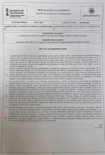 Examen de Castellano de la PAU 2025