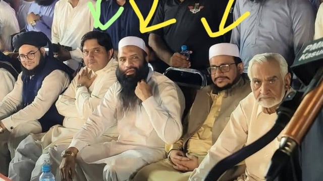 (L-R under arrows) Pakistan's Punjab assembly speaker, LeT commanders Saifullah Ansari, Talha Saeed, and minister Malik Rasheed Ahmed Khan were seen in a recent rally. 