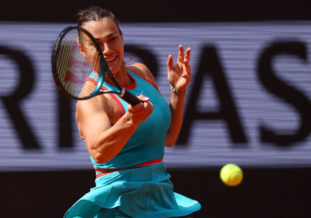Tennis - French Open - Roland Garros, Paris, France - June 3, 2025 Belarus' Aryna Sabalenka in action during her quarter final match against China's Qinwen Zheng REUTERS/Lisi Niesner