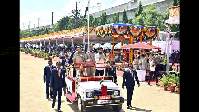 Hyderabad, Jun 01 (ANI): Telangana Chief Minister Revanth Reddy greets the gathering, on the occasion of Telangana Formation Day, at Secunderabad Parade Grounds in Hyderabad on Monday. (ANI Photo) (Telangana CMO - X)