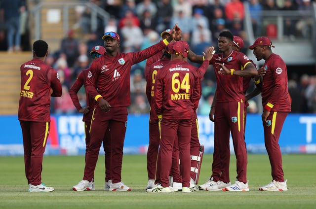Cricket - Second One Day International - England v West Indies - Sophia Gardens, Cardiff, Wales, Britain - June 1, 2025 West Indies' Alzarri Joseph celebrates with teammates after taking the wicket of England's  Brydon Carse Action Images via Reuters/Paul Childs/File Photo