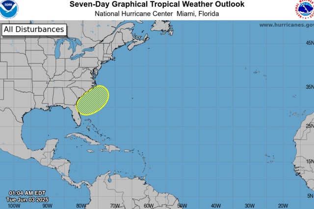 National Hurricane Center map showing a disturbance offshore of the southeastern U.S. coast.