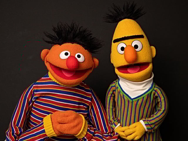 PRODUCTION - 24 October 2022, Hamburg: The characters Ernie and Bert from Sesame Street, taken in a photo studio on the occasion of Sesame Street's 50th anniversary. In January 2023, the German Sesame Street celebrates its 50th anniversary. Photo: Daniel Reinhardt/dpa - ATTENTION: Only for editorial use in connection with reporting on the program "Sesame Street" and only with full mention of the above credit. Please note rights and licenses of trademark owners for uses beyond this. (Photo by Daniel Reinhardt/picture alliance via Getty Images)