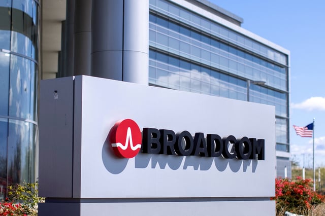 The Broadcom company logo is shown outside one of their office complexes in Irvine, California, U.S., March 4, 2021.  REUTERS/Mike Blake//File Photo