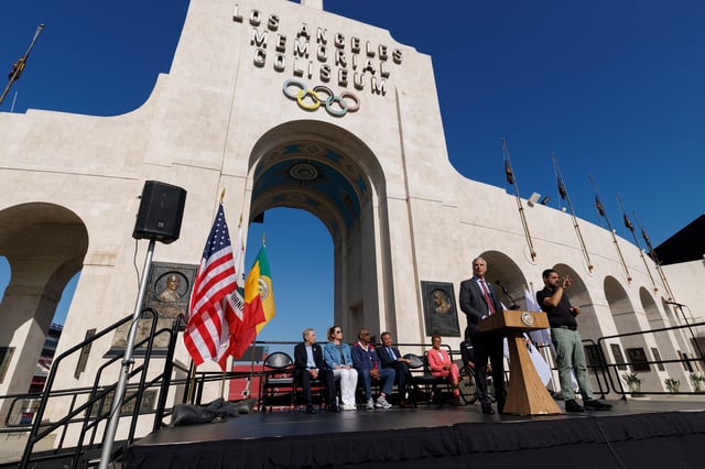 Reynold Hoover, Chief Executive Officer of LA28 Olympic and Paralympic Games, speaks in front of the Los Angeles Coliseum in Los Angeles, California, U.S., May 8, 2025.   REUTERS/Mike Blake/File photo