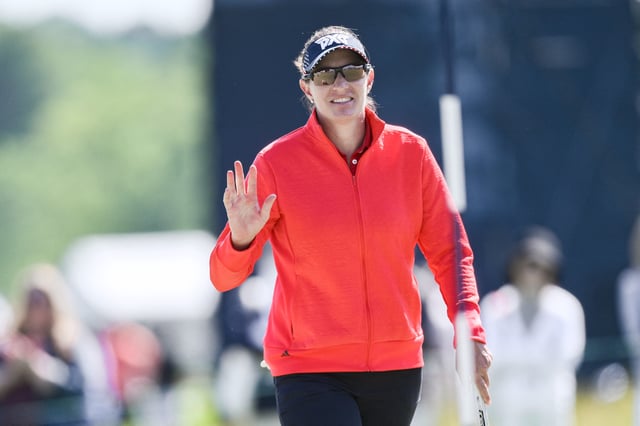 May 31, 2024; Lancaster, Pennsylvania, USA; Brittany Lang (USA) reacts after making a putt on the 18th green during the second round of the U.S. Women's Open golf tournament. Mandatory Credit: John Jones-USA TODAY Sports/File Photo